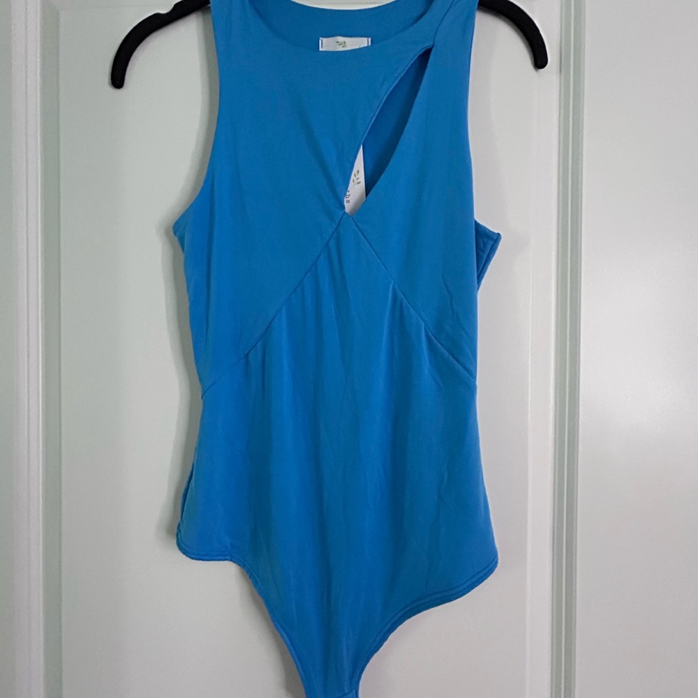 Blue Asymmetrical Cut Out Bodysuit stretch Size M - live in the moment